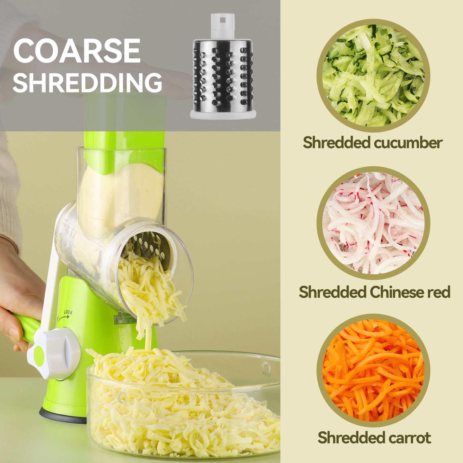 ROTARY CHEESE GRATER (GREEN) 3 In 1 Multi Purpose Kitchen Manual Food  Vegetable Grater Slicer Potato Cheese Grater With Handle Rotary Tabletop  Drum