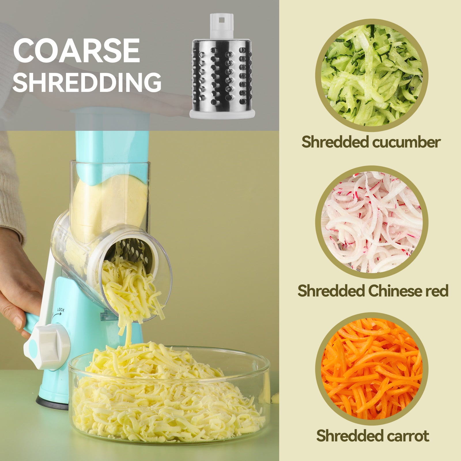 Ourokhome Rotary Cheese Grater Shredder- 3 Drum Bladea Manual