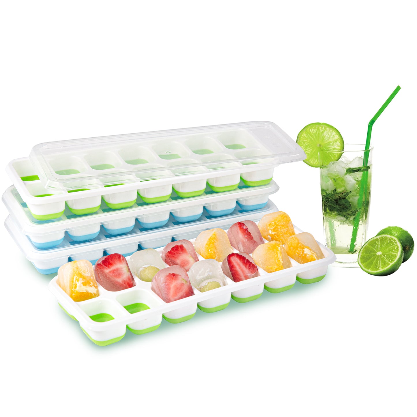InnOrca Silicone Ice Cube Trays for Freezer 4 Pack,14-Ice Cube Trays with  Spill-Resistant Removable Lid, LFGB Certified and BPA Free, for Cocktail,  Multicolor 