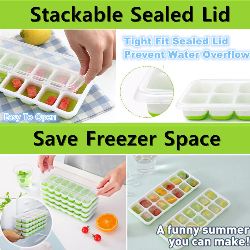Easy-Release Silicone Flexible 14-Ice Cube Trays with Lid, Ideal