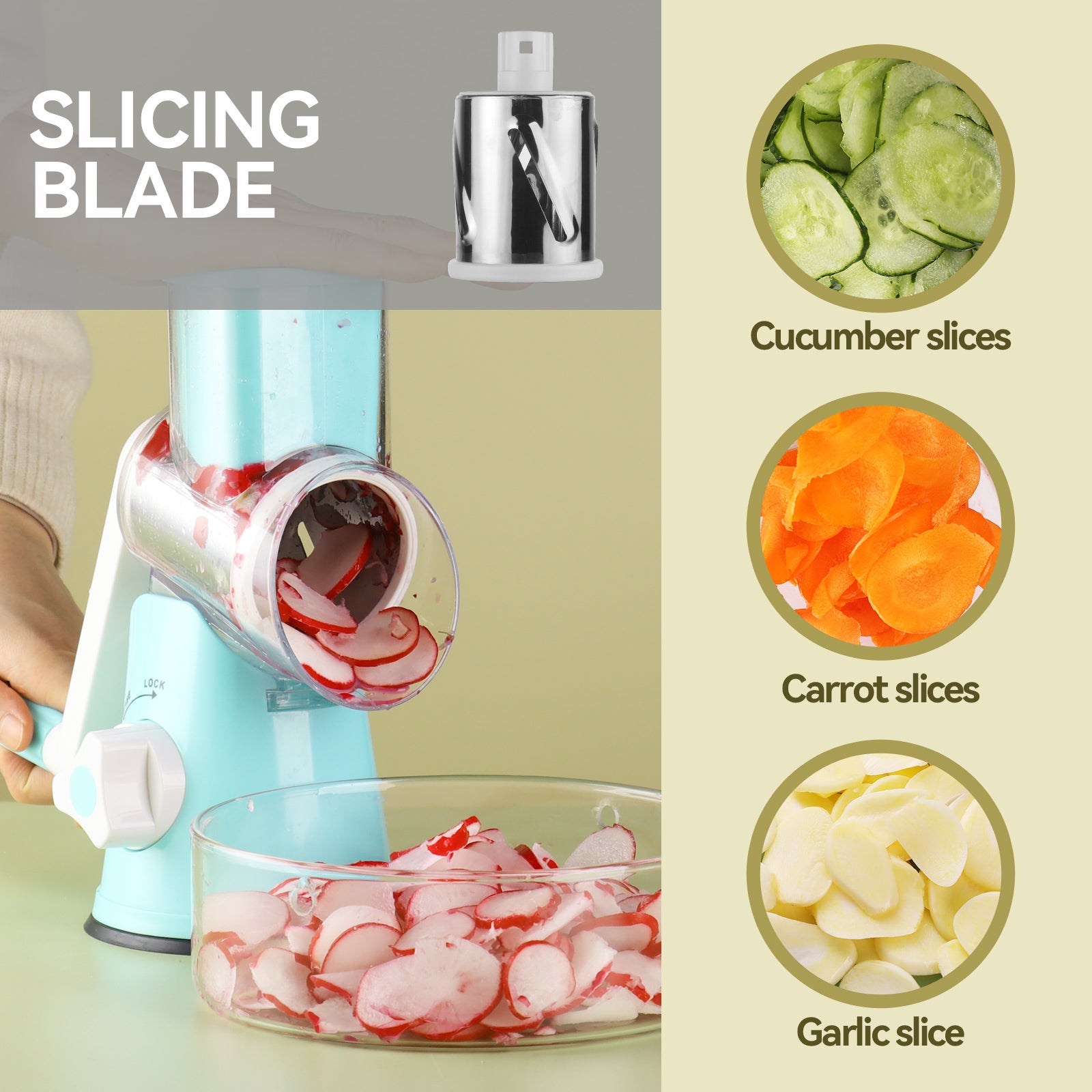 Vegetable Drum Slicer and Vegetable Cutter with 3 Stainless Steel Blades 