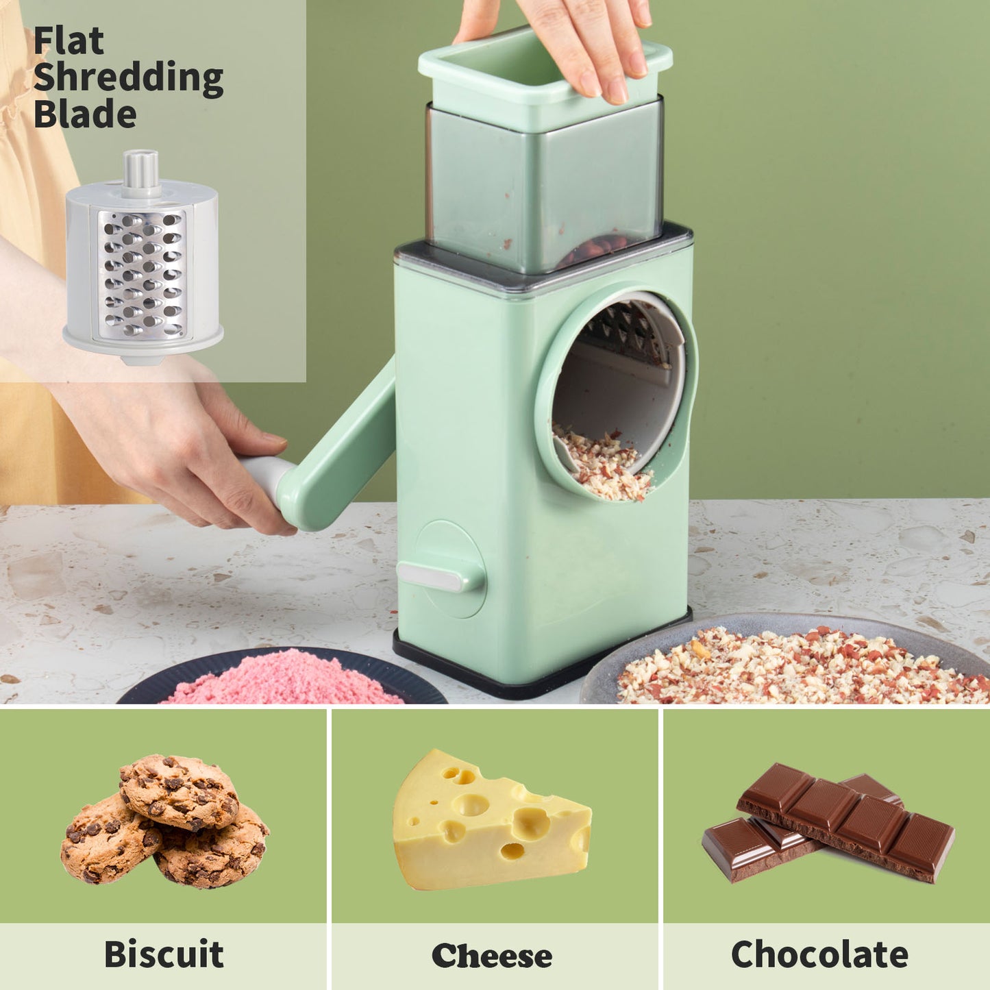 EDEFISY Cheese Grater with Handle, with 6 Interchangeable Blades